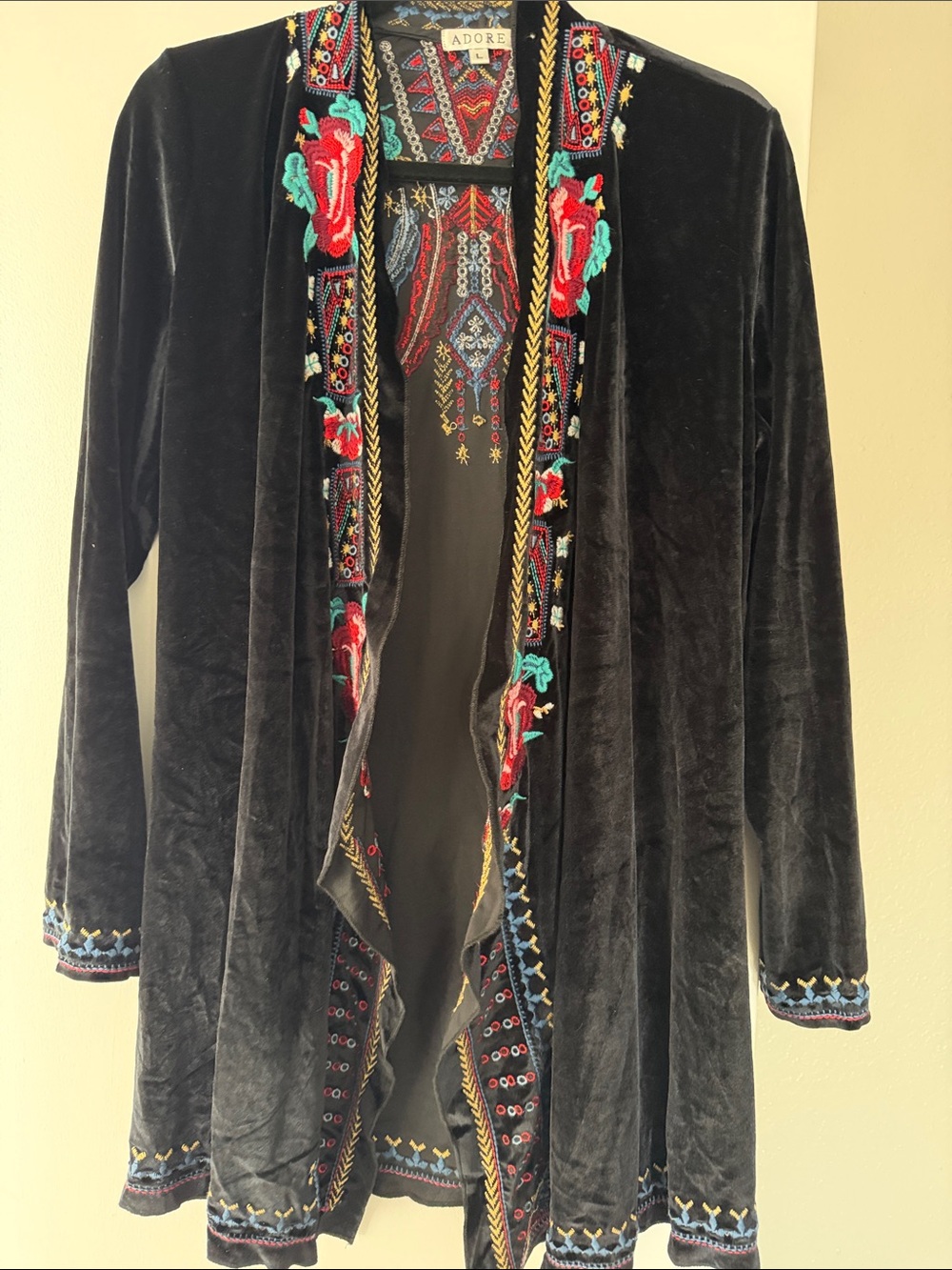 Adore Black Velvet Open-Front Jacket with Multicolor Embroidery